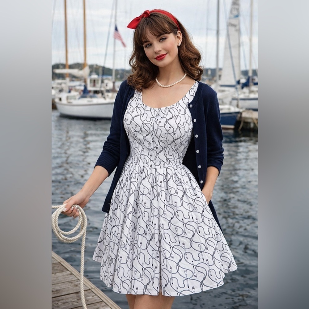 Jack Wills Nautical Novelty Print Fit & Flare Dress Womens US Sz 8 Pleated Twee
